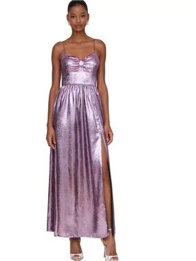 Avec Les Filles Metallic Lilac Spaghetti Straps Maxi Dress Front Slit Formal 8